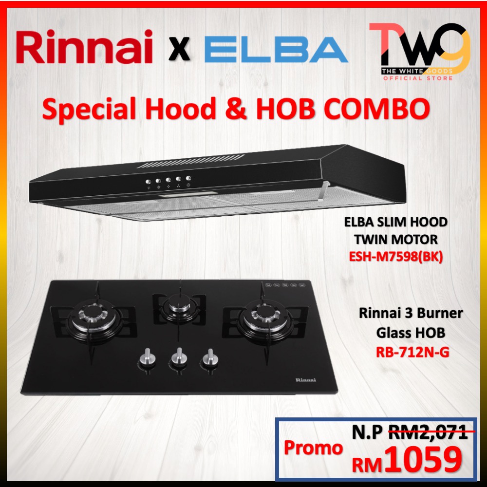 Combo Rinnai Glass Burner Hob Elba Hood Twin Motor Esh M Bk