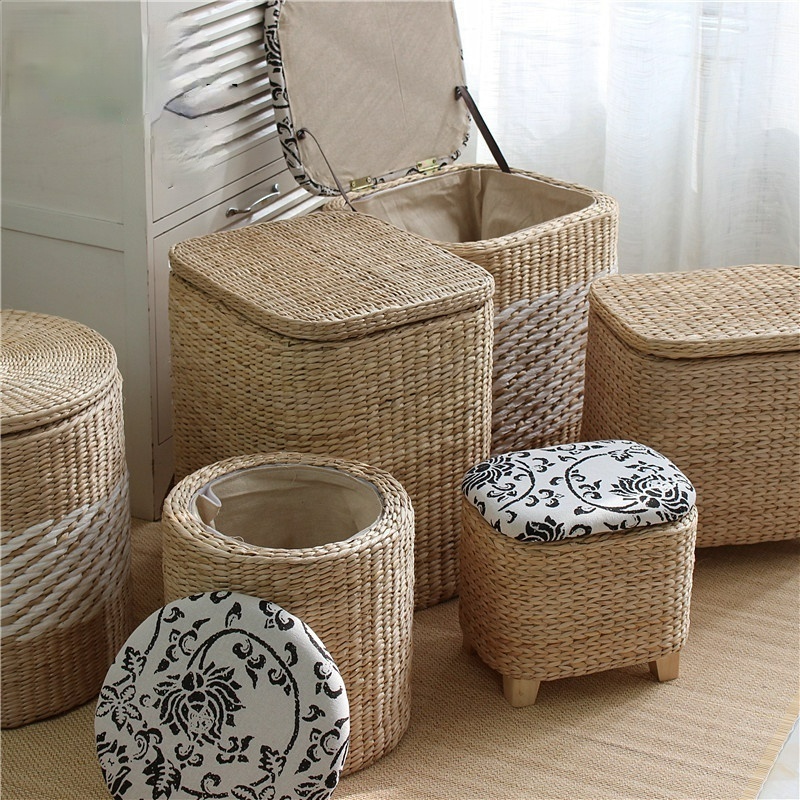 Free Shipping Windsing Handmade Rattan Storage Stool Chair Small Straw