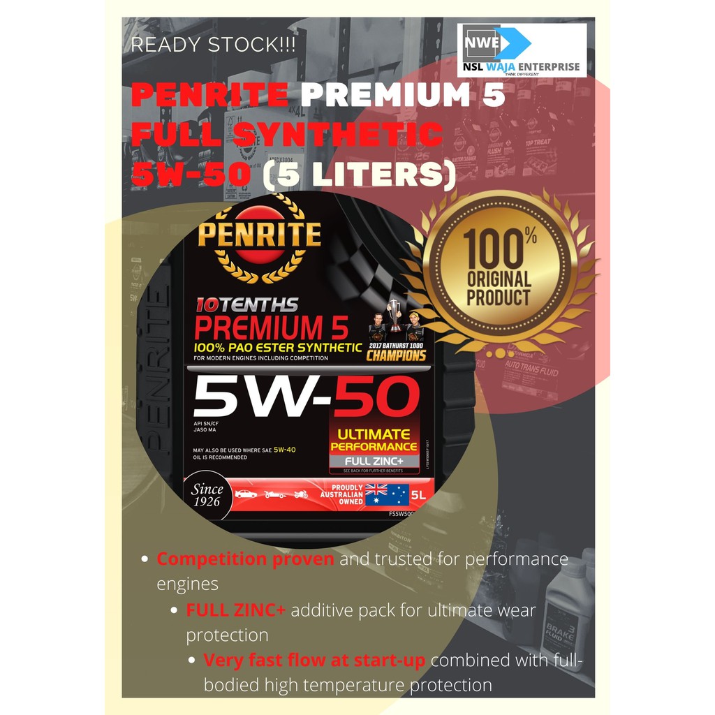 Fully Synthetic Engine Oil Penrite 10 Tenths Premium 5W 50 100 PAO