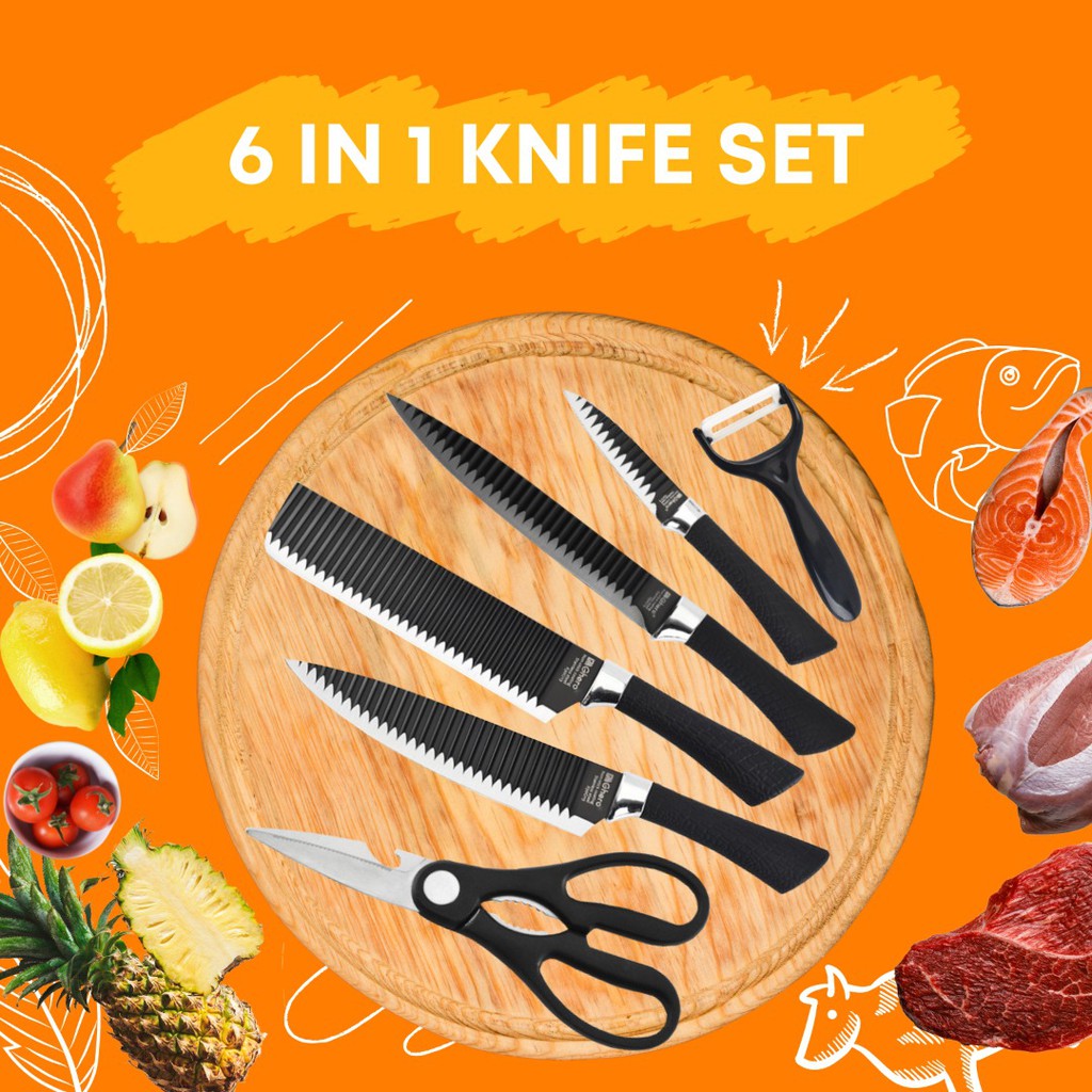 6 IN 1 NonStick Kitchen Knife Set Cleaver Scissors Peeler Slicing