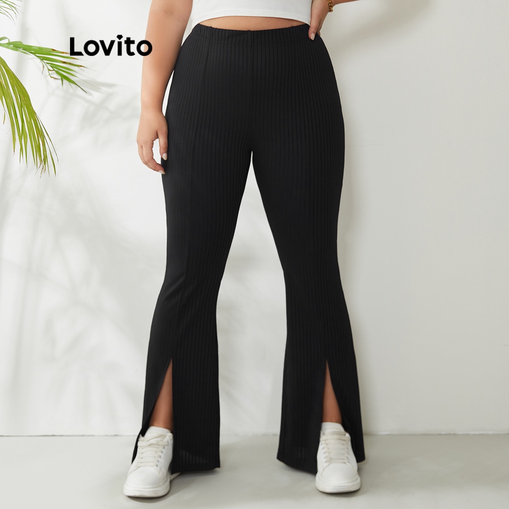 Lovito Plus Size Curve Casual Plain Split Front Elastic Waist High