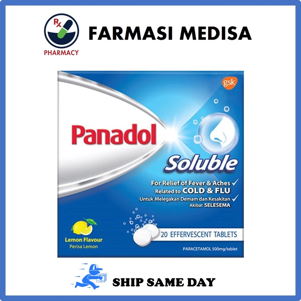 Panadol Soluble 20 Effervescent Tablets Paracetamol 500mg Lemon Flavour