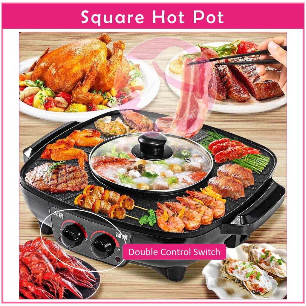 2 In 1 Electric Square BBQ Dual Temperature Controllers Hotpot