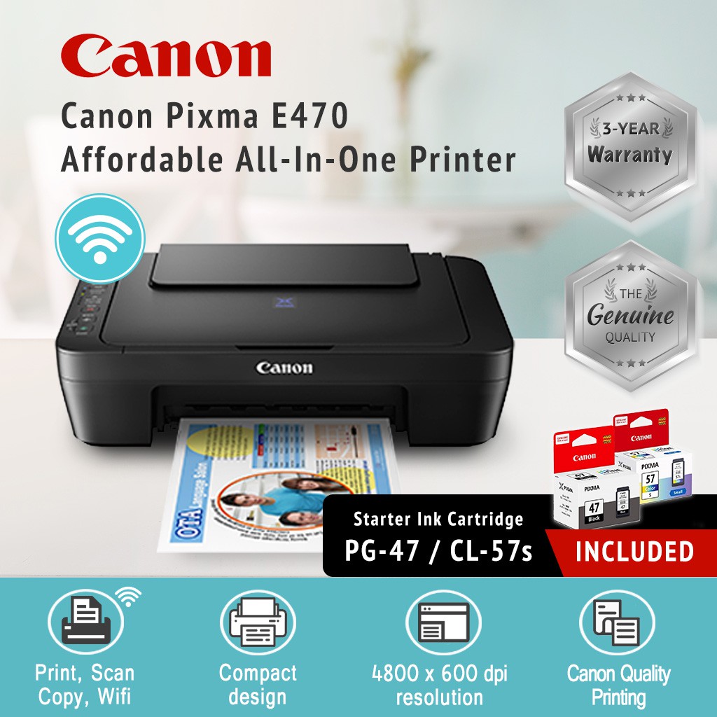 Canon PIXMA E470 All In One Wireless Inkjet Printer Print Scan Copy