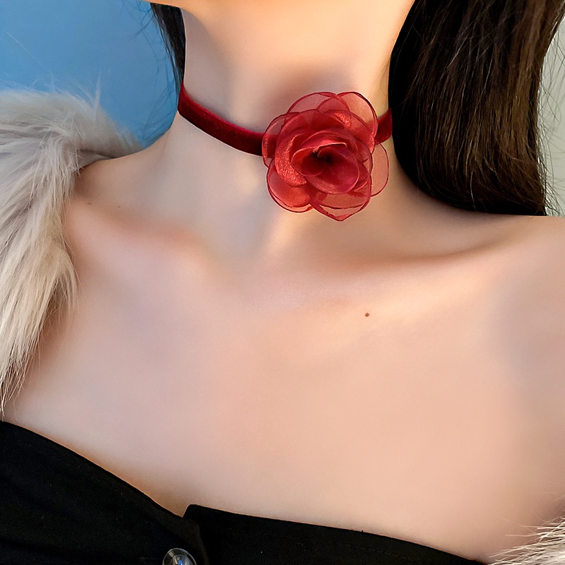 Korean Fashion Silk Gauze Flower Choker Necklace Rose Flower