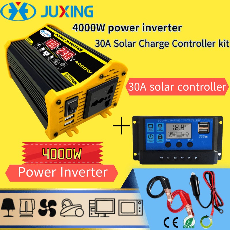 JUXING Car Power Inverter 4000W DC12V To AC 220V Dual USB Solar