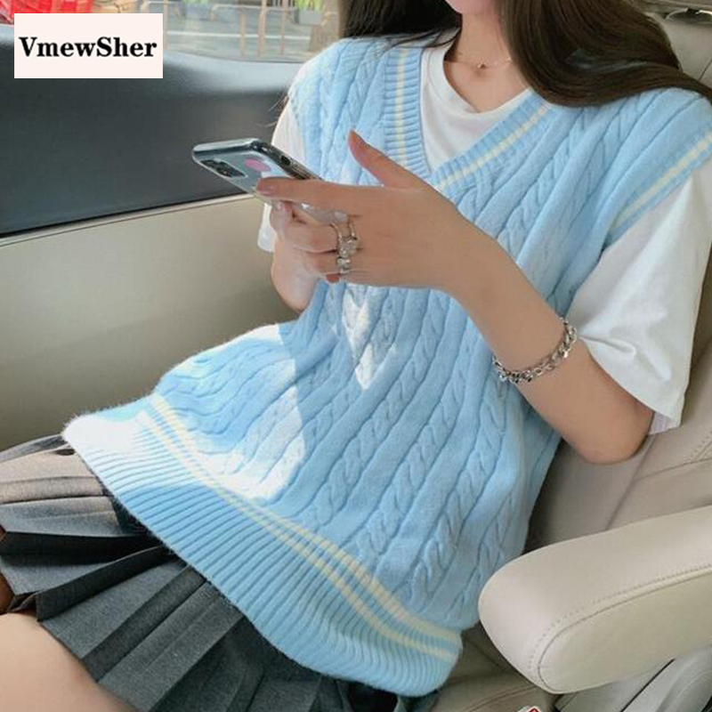 VmewSher New Women Vest Sky Blue Jumper All Match V Neck Knitted Top