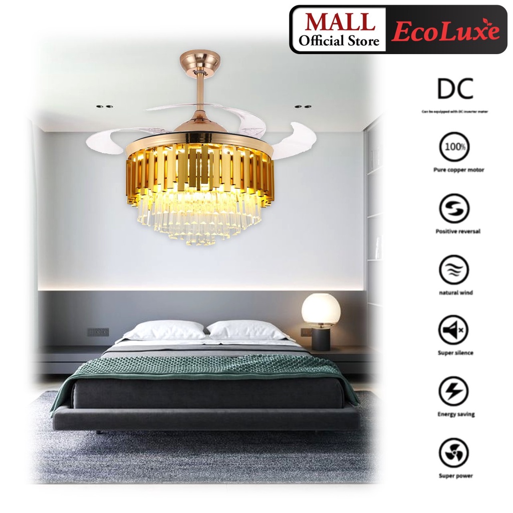 ECOLUXE Crystal Chandelier DC Ceiling Fan Invisible Blades With 3