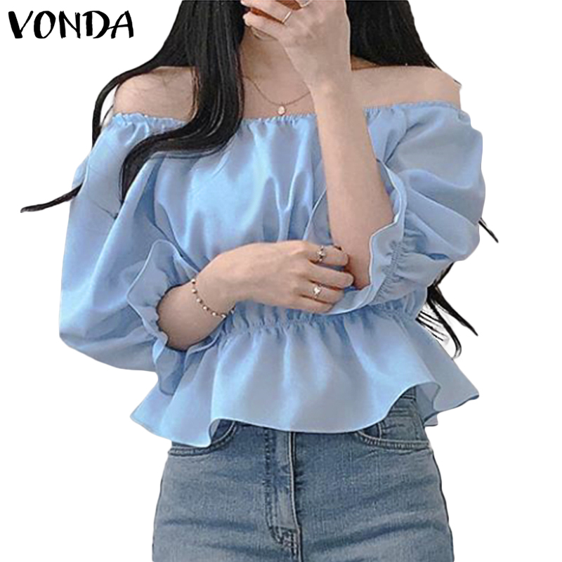 Vonda Women Korean 3 4 Sleeve Plain Off Shoulder Sexy Ruffled Tunic