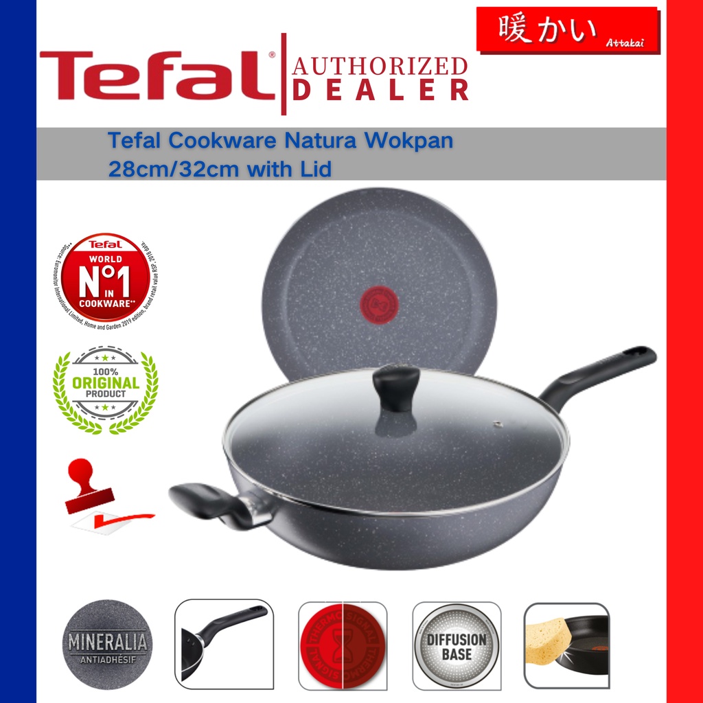 Tefal Natura 32cm Non Stick Wokpan Glass Lid B22694 Deep Wok Stir Fry