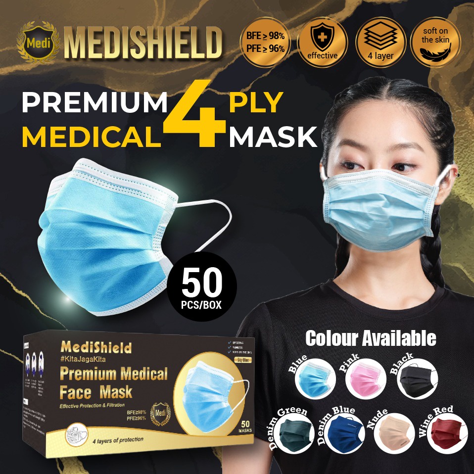 Medishield 50pcs Colour Medical 4ply Face Mask Disposable Face Mask