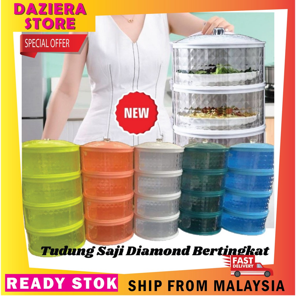 Tudung Saji Viral 4 Tingkat NEW Diamond Design Stackable Food Cover