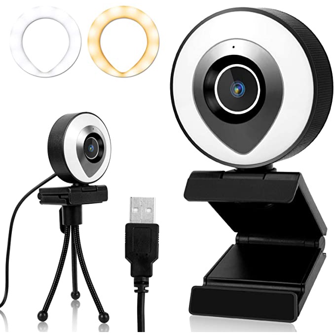 2K Webcam With Microphone Ring Light Tripod Full HD Streaming Web