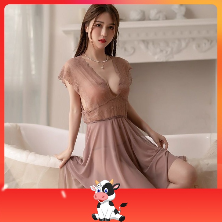 Ready Stock Malaysia Women Lingerie Transparent Lace Nightdress Brown