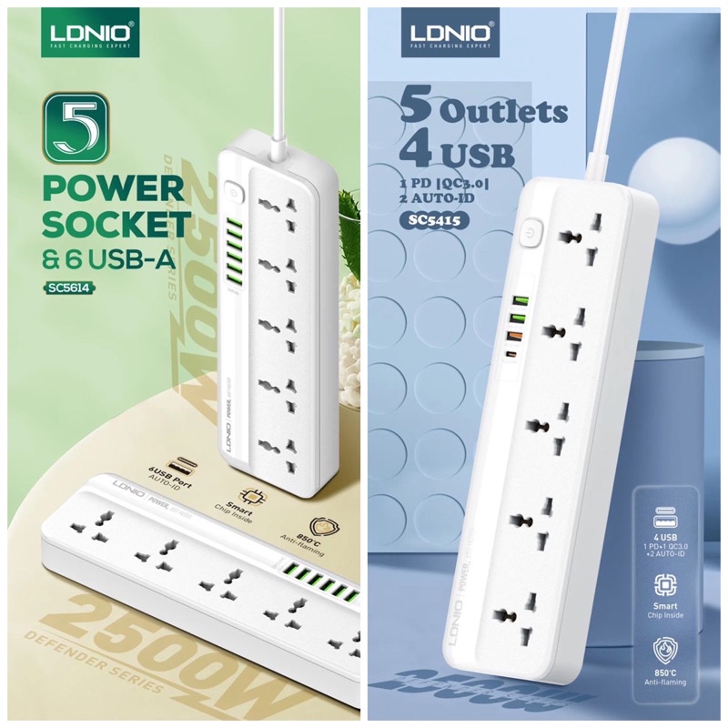 Ready Stock LDNIO SC5415 SC5614 UK 3 Pin Power Strip 5 Universal