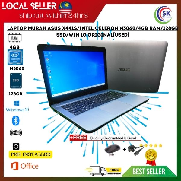 LAPTOP MURAH ASUS X441S 14 INTEL CELERON N3060 4GB RAM 128GB SSD WIN