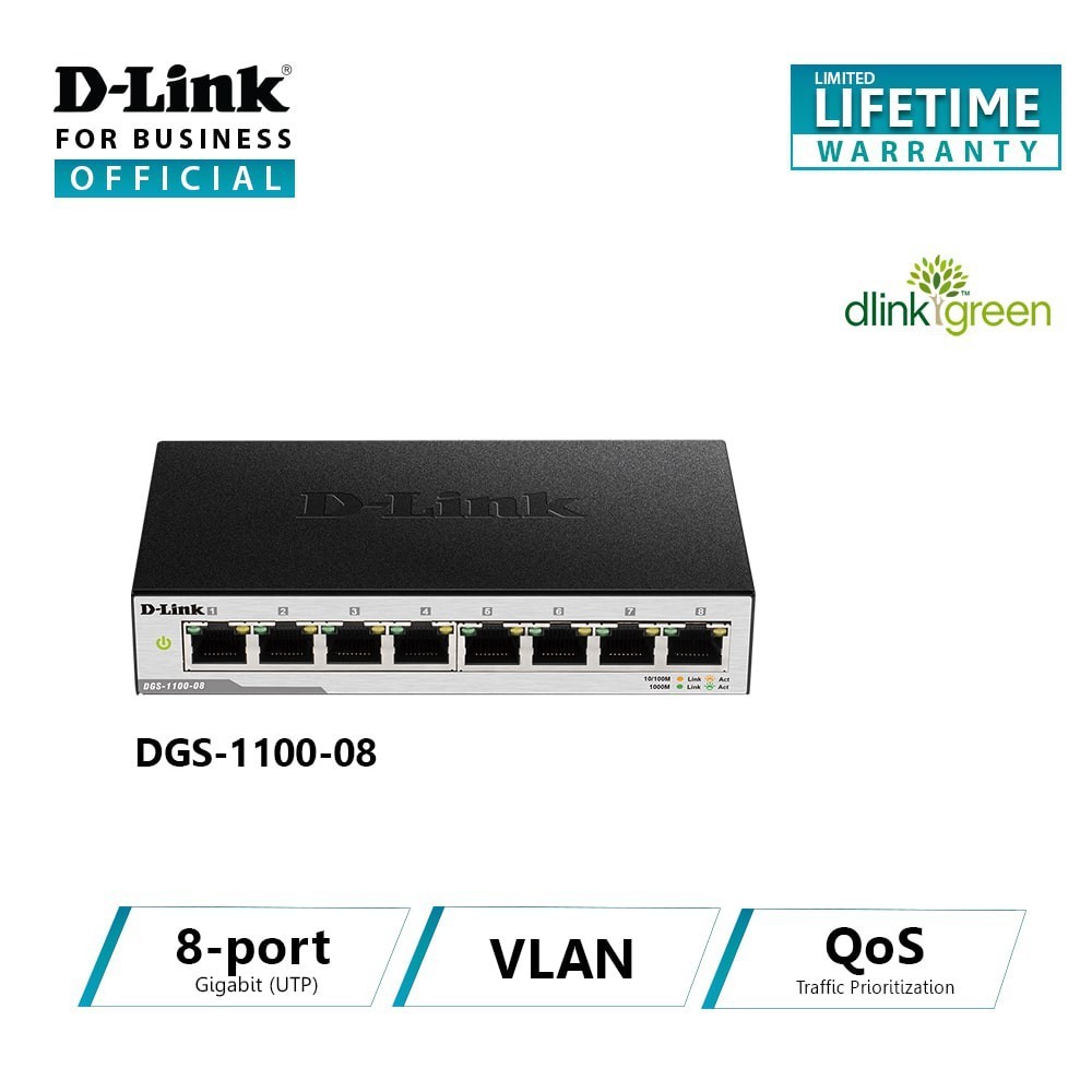 D Link 8 Port Layer 2 Lite Smart Managed Gigabit Switch DGS 1100 08V2