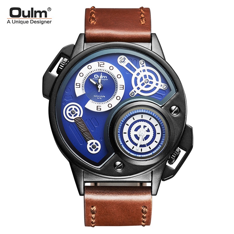 Oulm New Leather Men S Watch Leisure Fashion Large Dial Dual Time Zone