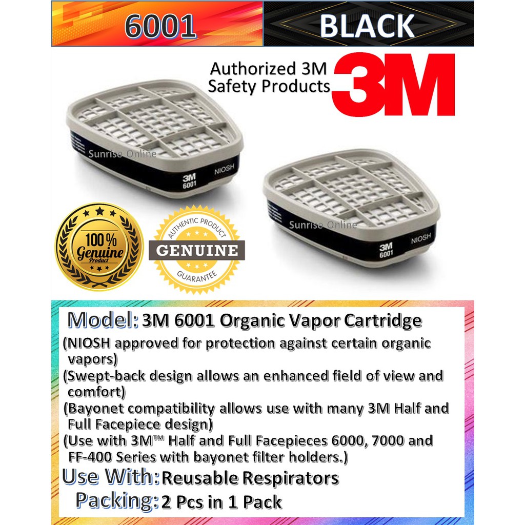 ORIGINAL 3M 6001 Organic Vapor Cartridge Black 1 Pack 2 Pcs