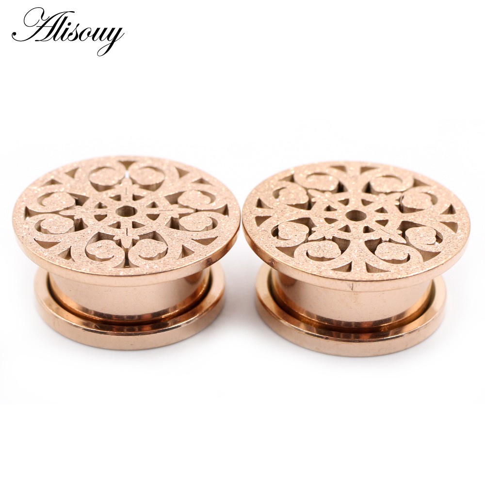 Alisouy 2pcs Hollow Frosted Scrub Flower Stainless Steel Ear Plugs