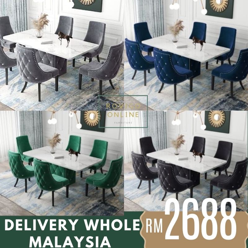 Rovigo Dining Set Marble Table Chesterfield Chair 6 Seater Meja Makan