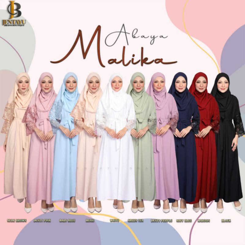 MALIKA ABAYA LACE AND SHAWL JBE Black Nude Brown Baby Blue Dusty Pink Dusty Green Maroon