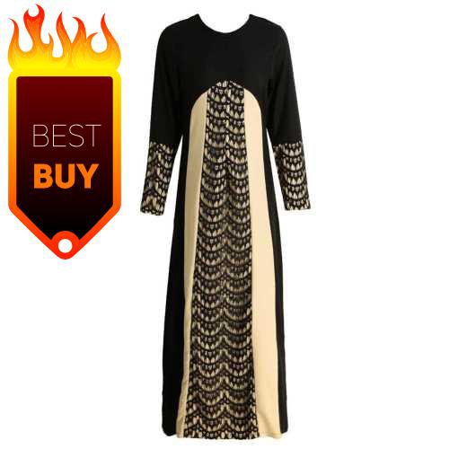 Women Muslim Maxi Dress Contrast Color Pitches Long Sleeve Abaya Kaftan