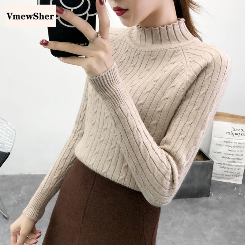 Vmewsher New Autumn Winter Women Sweater Slim Mock Neck Twist Knitwear