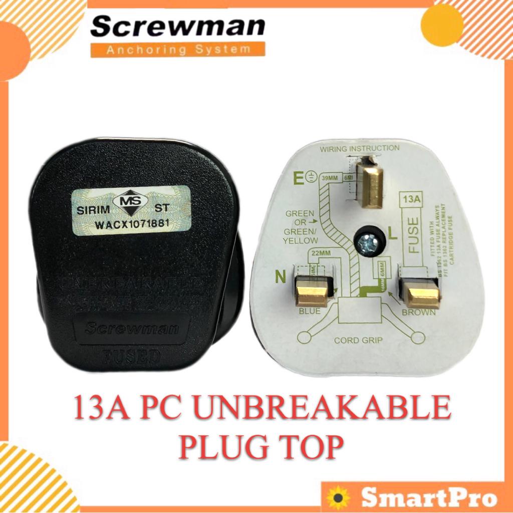 SIRIM Screwman 13A Plug Top 3 Pin UK Type Plug Top Unbreakable Plug