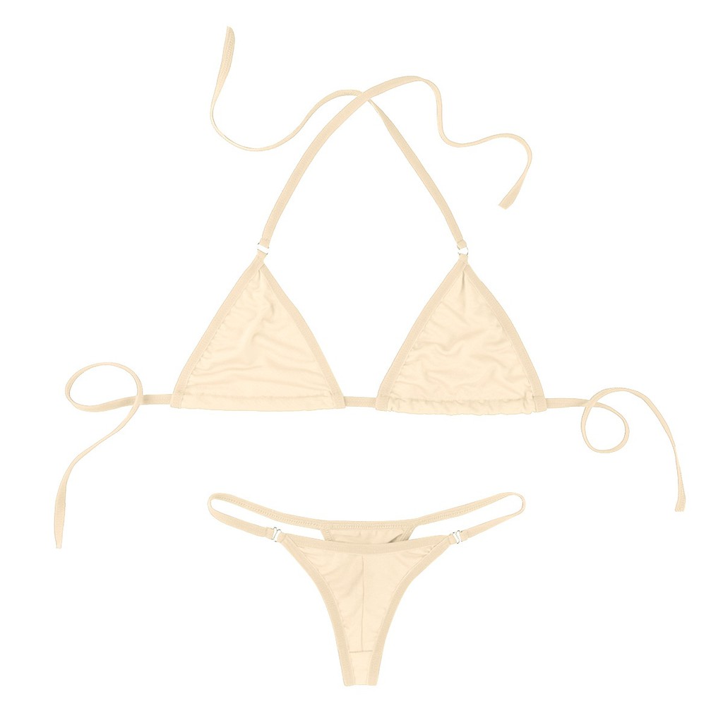 Womens Solid Color Lingerie Set Halter Neck Bikini Bra Top With G String Briefs Bottom Underwear