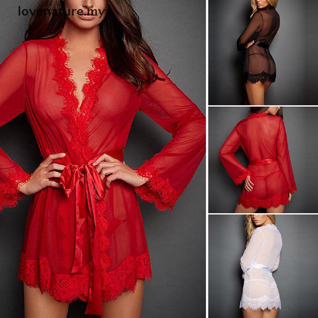 Lovenature 1Set Women Lace Sleepwear Robe Bathrobe Sexy Lingerie G