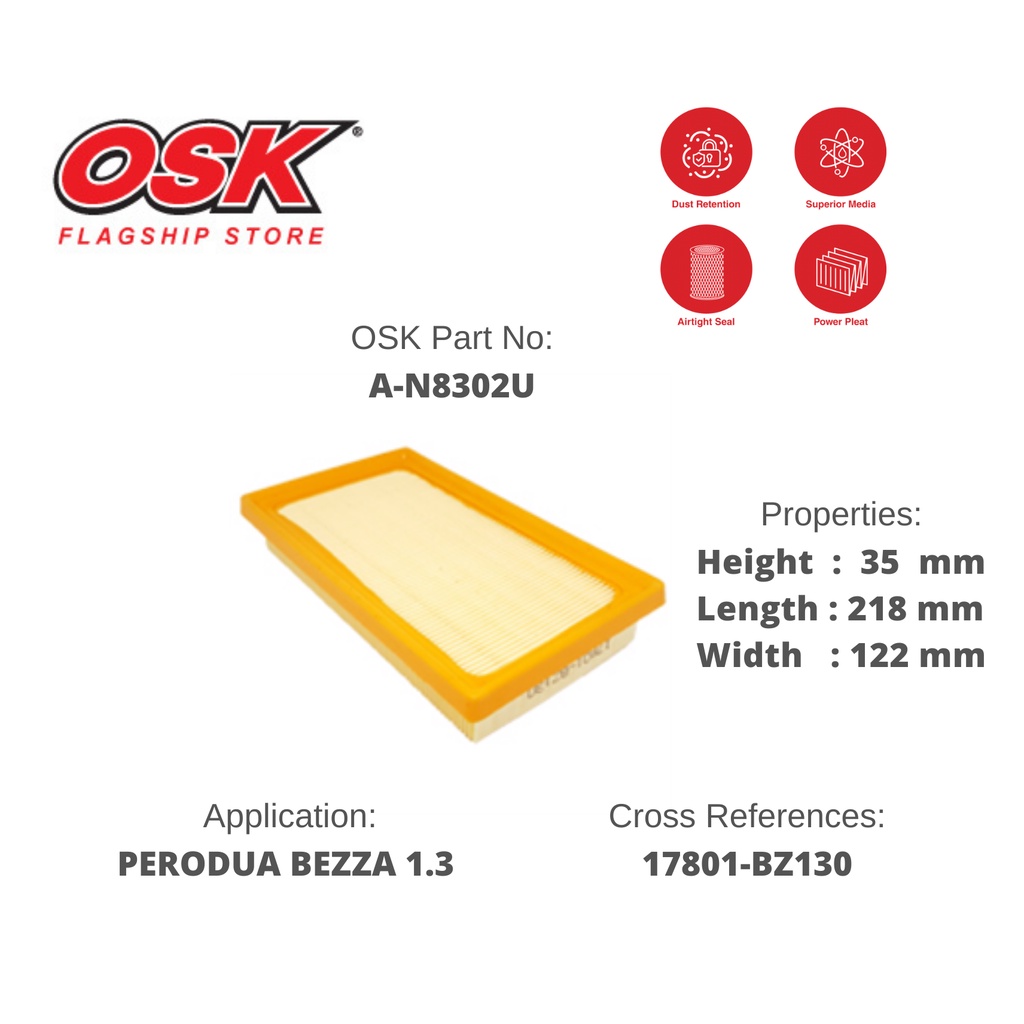 OSK AIR FILTER For TOYOTA QUALITY AIR FILTER PERODUA BEZZA 1 3 17801