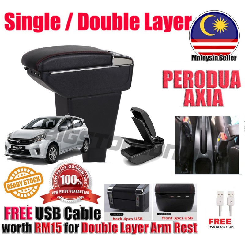 Perodua Axia Usb Pvc Car Armrest Arm Rest Box Double Layer Tempat