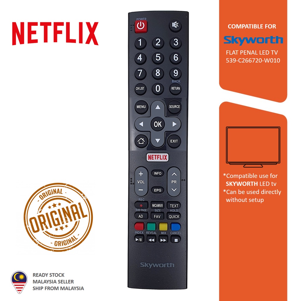 Skyworth Original Netflix Flat Penal LED Tv Remote Control 539C 266720