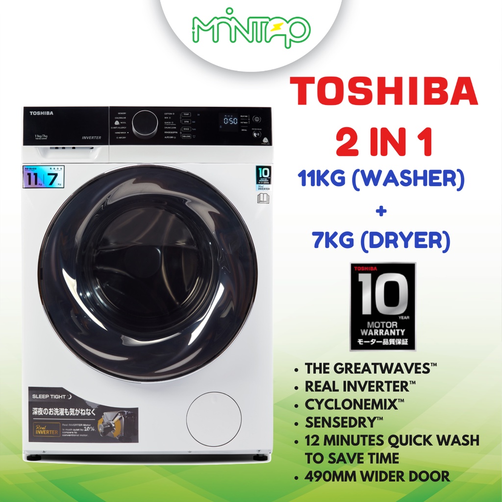 TOSHIBA REAL INVERTER GREAT WAVES 2IN1 11KG WASHER 7KG DRYER