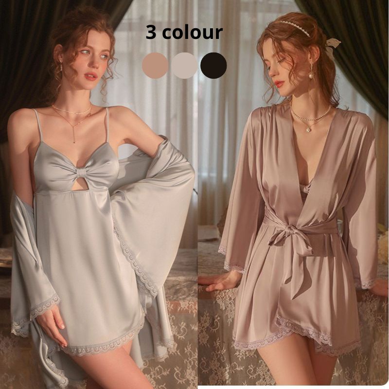 Ready Stock Plain Colour Satin Ice Silk Robes Sexy Lingerie Sleepwear