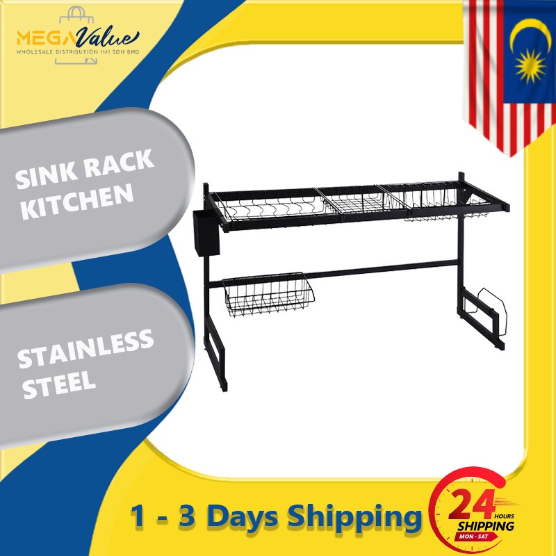 Ready Stock Rak Pinggan Sinki Mangkuk Stainless Steel Rak Dapur