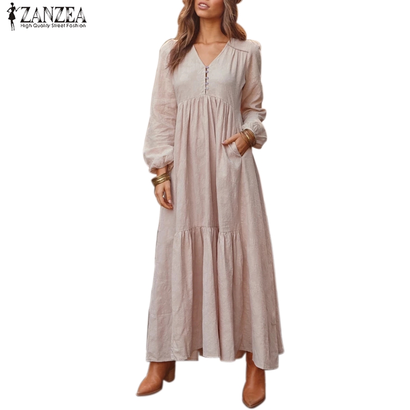 ZANZEA Women Sleeve V Neck Vintage Solid Cotton Casual Baggy Maxi