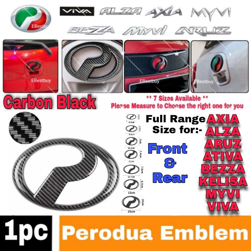 Pc Perodua Carbon Black Logo Emblem Depan Belakang Axia Alza Aruz