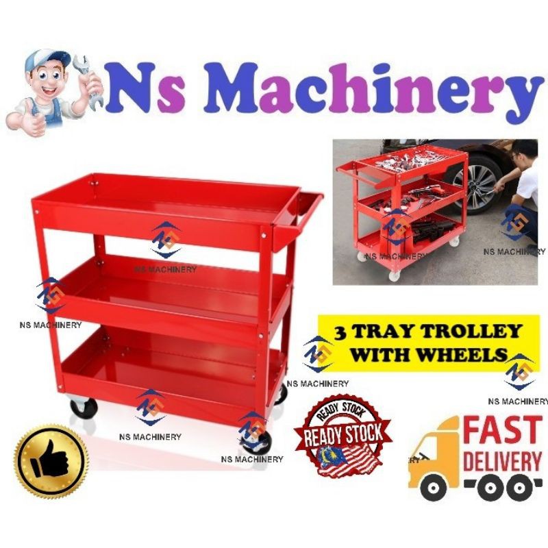 3 Layers Service Cart Metal Steel Tool Trolley 120KG Barang Garaj