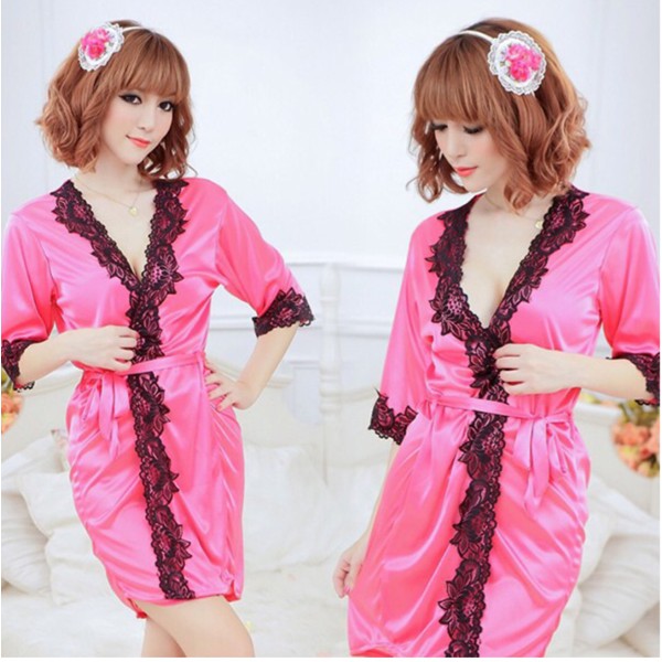 Aya Sexy Lingerie Kimono Robe Outer G String Pink Fucshia Black Lace