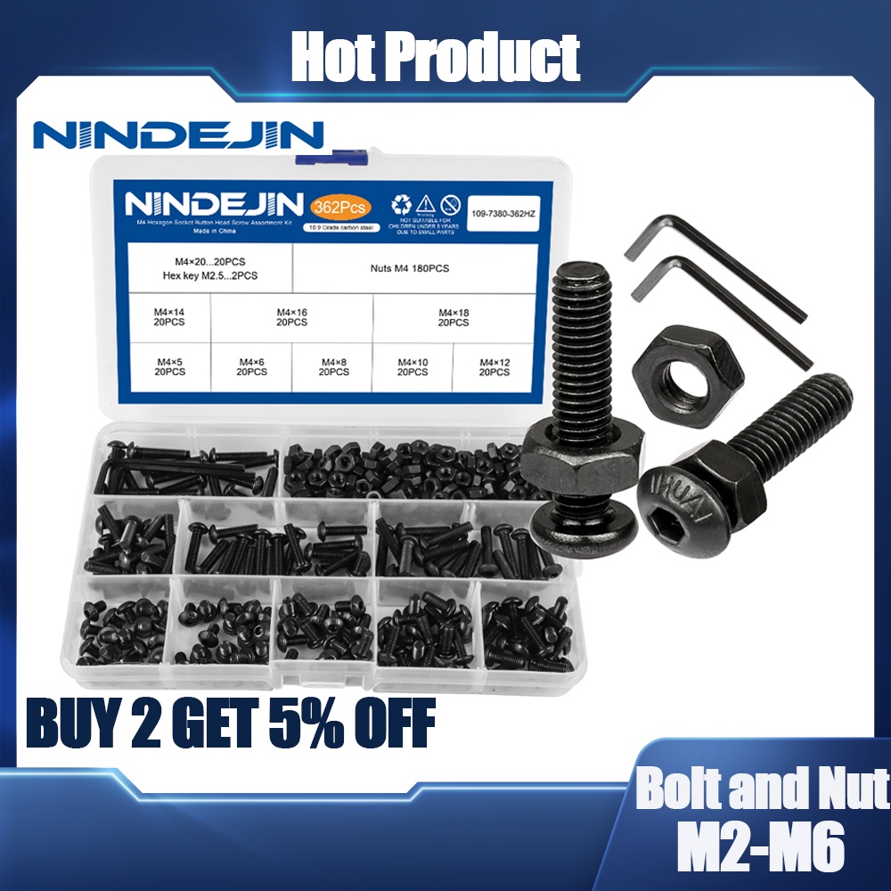 Nindejin Hex Hexagon Socket Round Head Screw Set Nut Grade Carbon