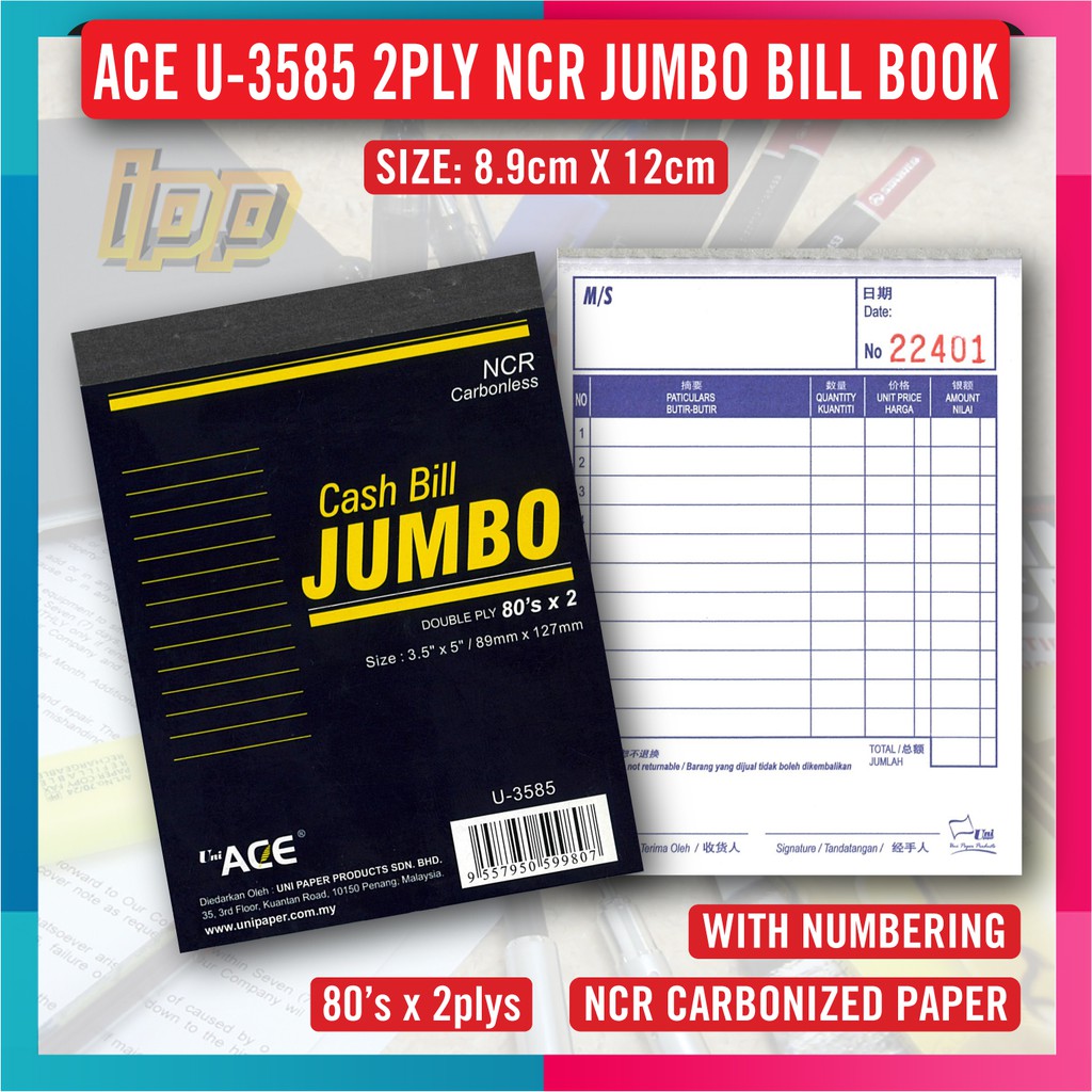 Uni Ace Jumbo Cash Bill Book NCR 2Ply 8 9cm X 12cm Buku Bil Tunai 80