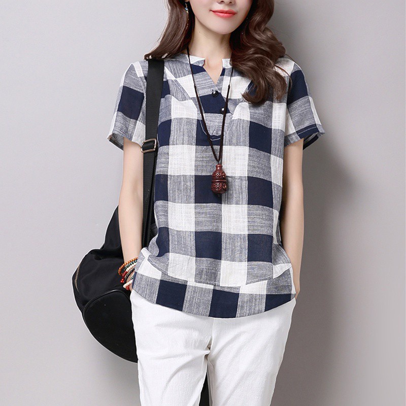 Women Cotton Linen Blouse Korean Fashion Plaids Printed Loose Short