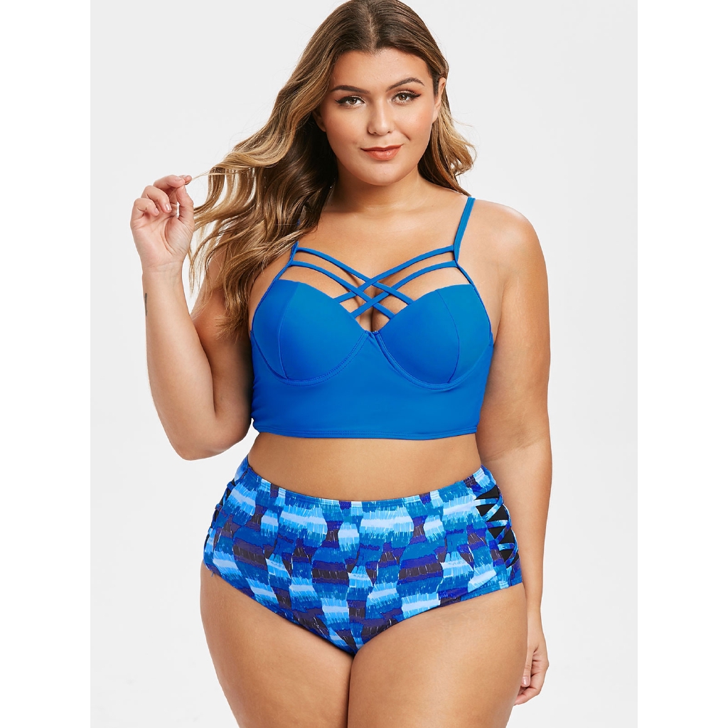 Plus Size Criss Cross Mesh Panel Print Bustier Bikini Swimsuit Shopee