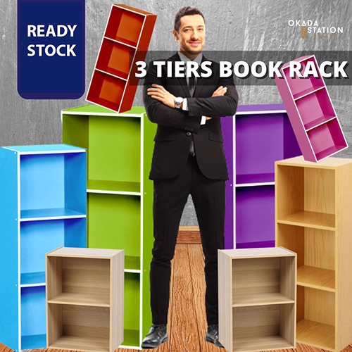 OKADA 3 Tier Wooden Multipurpose Rack Book Shelf Rak Buku Kabinet Buku