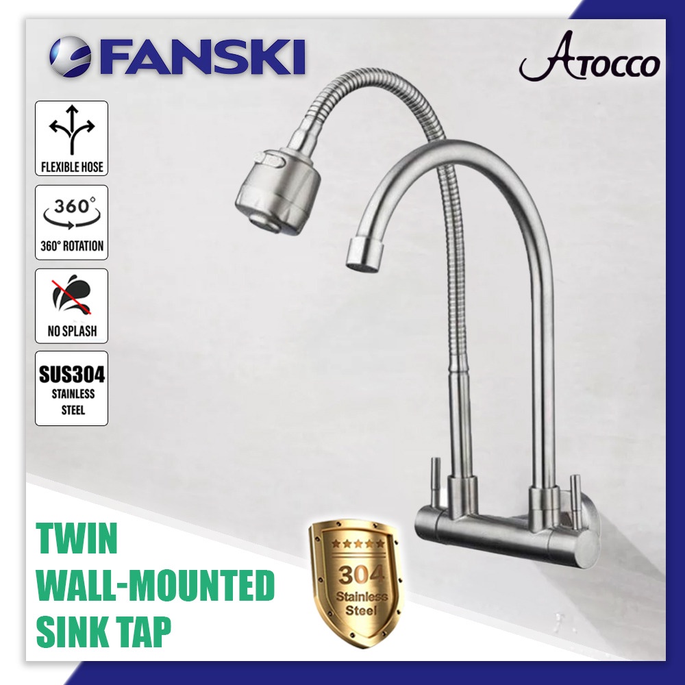 Atocco Kitchen Faucet Stainless Steel Twin Pillar Wall Mounted Tap