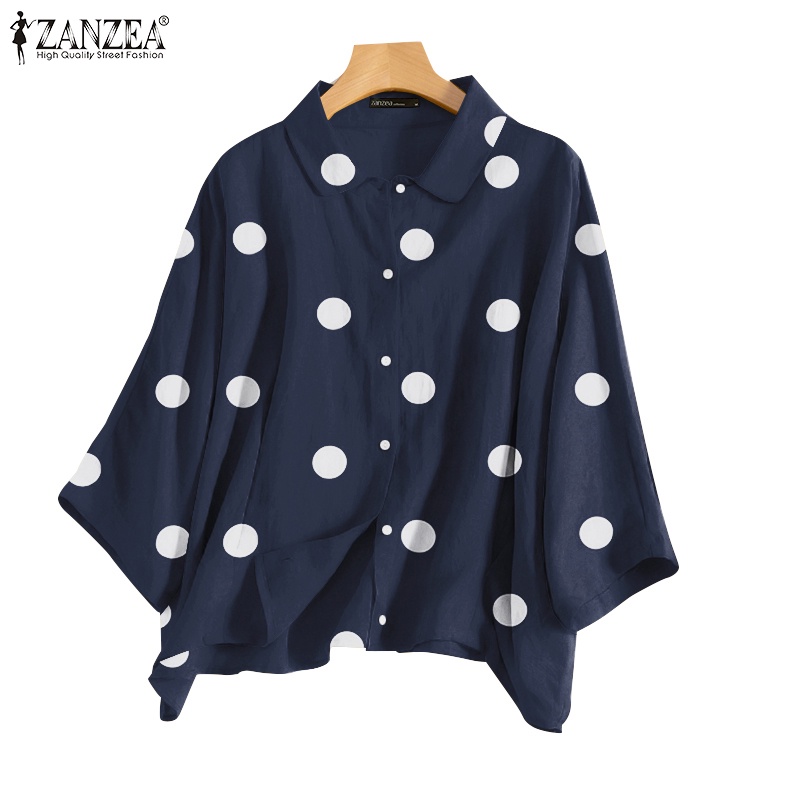 Zanzea Women Turn Down Collar Long Sleeved Buttons Up Polka Dots