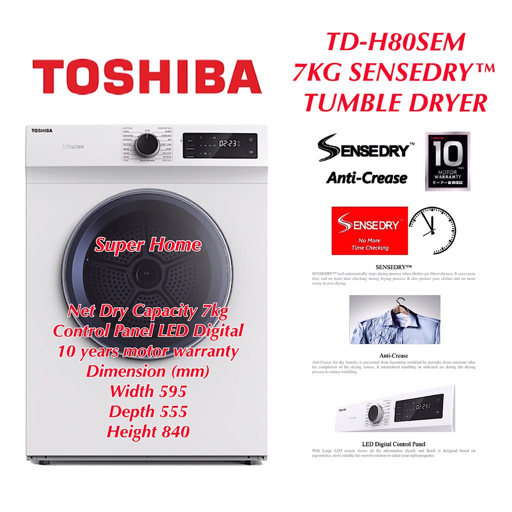 Toshiba Dryer TD H80SEM 7kg SenseDry Tumble Dryer LED Digital Control