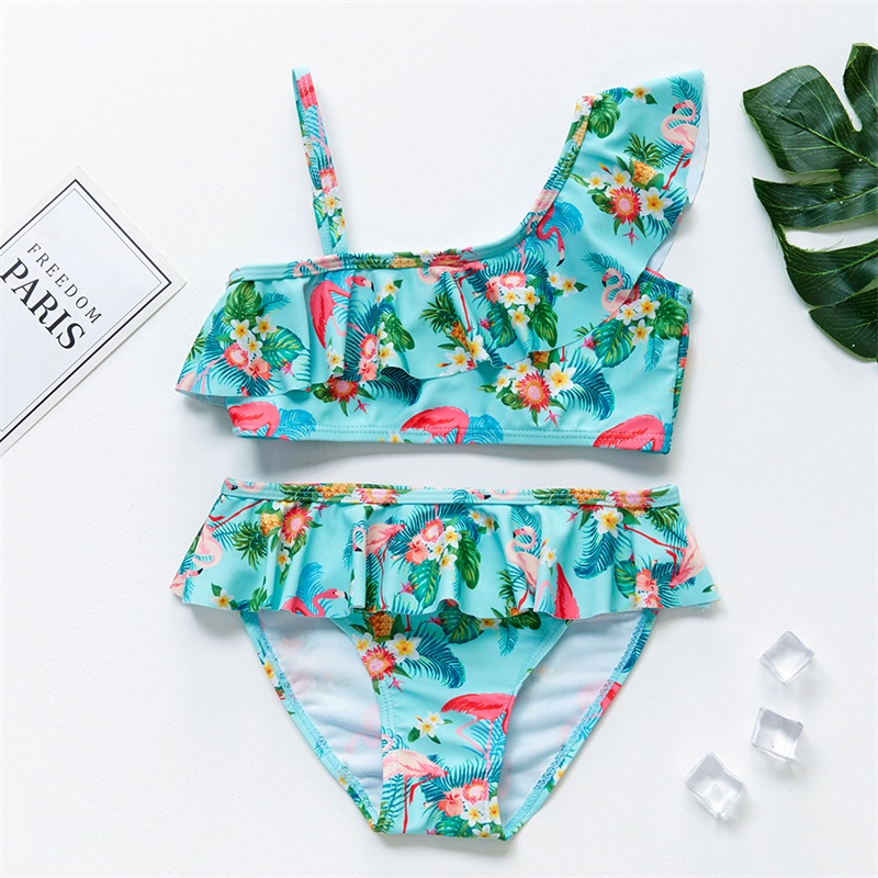 2 9Years Girls Bikini Swimsuit Set ONE PIECE ONE SHOULDER Fashion Ruffles Bikini Swimwear For